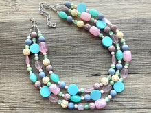 Load image into Gallery viewer, Pastel Easter Statement Necklace, Colorful Beaded Necklace, Chunky bib necklace, pastel necklace, pastel jewelry, mint earrings periwinkle