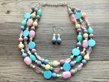 Load image into Gallery viewer, Pastel Easter Statement Necklace, Colorful Beaded Necklace, Chunky bib necklace, pastel necklace, pastel jewelry, mint earrings periwinkle