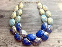Load image into Gallery viewer, Golden Blue Ombré Necklace, Double strand bright jewelry, big beaded chunky statement, summer necklace, light blue turquoise gold white aqua