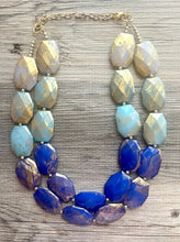 Load image into Gallery viewer, Golden Blue Ombré Necklace, Double strand bright jewelry, big beaded chunky statement, summer necklace, light blue turquoise gold white aqua
