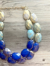 Load image into Gallery viewer, Golden Blue Ombré Necklace, Double strand bright jewelry, big beaded chunky statement, summer necklace, light blue turquoise gold white aqua