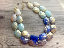 Load image into Gallery viewer, Golden Blue Ombré Necklace, Double strand bright jewelry, big beaded chunky statement, summer necklace, light blue turquoise gold white aqua