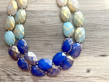 Load image into Gallery viewer, Golden Blue Ombré Necklace, Double strand bright jewelry, big beaded chunky statement, summer necklace, light blue turquoise gold white aqua