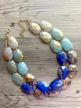 Load image into Gallery viewer, Golden Blue Ombré Necklace, Double strand bright jewelry, big beaded chunky statement, summer necklace, light blue turquoise gold white aqua