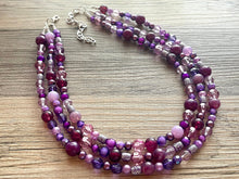 Load image into Gallery viewer, Purple Chunky Statement Necklace, Triple Strand Beaded Jewelry, lilac lavendar eggplant jewelry, bridesmaid wedding necklace bib collar