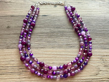Load image into Gallery viewer, Purple Chunky Statement Necklace, Triple Strand Beaded Jewelry, lilac lavendar eggplant jewelry, bridesmaid wedding necklace bib collar