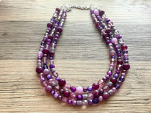 Load image into Gallery viewer, Purple Chunky Statement Necklace, Triple Strand Beaded Jewelry, lilac lavendar eggplant jewelry, bridesmaid wedding necklace bib collar