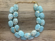 Load image into Gallery viewer, Golden Aqua Necklace, Double strand bright jewelry, big beaded chunky statement, summer necklace, light turquoise blue gold white
