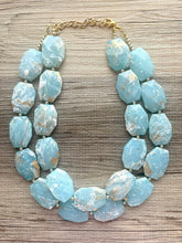 Load image into Gallery viewer, Golden Aqua Necklace, Double strand bright jewelry, big beaded chunky statement, summer necklace, light turquoise blue gold white