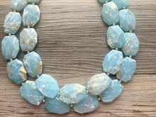 Load image into Gallery viewer, Golden Aqua Necklace, Double strand bright jewelry, big beaded chunky statement, summer necklace, light turquoise blue gold white
