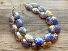 Load image into Gallery viewer, Golden Royal Blue Necklace, Double strand bright jewelry, big beaded chunky statement, summer necklace, turquoise blue gold white