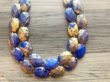 Load image into Gallery viewer, Golden Royal Blue Necklace, Double strand bright jewelry, big beaded chunky statement, summer necklace, turquoise blue gold white
