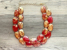 Load image into Gallery viewer, Golden Red Necklace, Double strand bright jewelry, big beaded chunky statement, summer necklace bright Cherry red gold