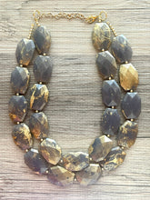 Load image into Gallery viewer, Golden Gray Necklace, Double strand bright jewelry, big beaded chunky statement, summer necklace smokey gray gold