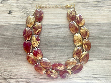 Load image into Gallery viewer, Golden Cranberry Necklace, Double strand bright jewelry, big beaded chunky statement, summer necklace Marsala dark red maroon gold