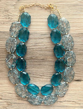 Load image into Gallery viewer, Teal Big Beaded Statement Necklace, beaded jewelry, blue jewelry, teal beaded necklace, turquoise jewelry, blue necklace, chunky beaded bib