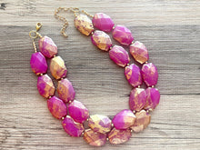 Load image into Gallery viewer, Golden Passion Fruit Necklace, Double strand bright jewelry, big beaded chunky statement, summer necklace bright pink gold magenta dark pink