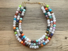 Load image into Gallery viewer, Multi-Color Rainbow GOLD Necklace, Sprinkle Shower Chunky Statement Necklace Happy Bright Summer Jewelry, big beaded jewelry