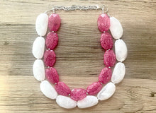 Load image into Gallery viewer, Pink & White Necklace, multi strand jewelry, big beaded chunky statement necklace, pink necklace, bridesmaid necklace, bib necklace, pink
