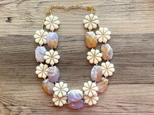 Load image into Gallery viewer, Golden Lavender MOD Necklace, Double strand bright jewelry, big beaded chunky statement, summer necklace, light purple gold lilac earrings