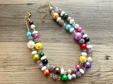 Load image into Gallery viewer, Birthday Vacation Multi-Color Rainbow Gold Necklace, Shower Chunky Statement Necklace Happy Bright Summer Jewelry, big beaded jewelry