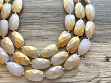 Load image into Gallery viewer, Gold & White triple chunky statement necklace, big beaded jewelry, gifts for women bib jewelry Multi-Strand metallic resin gold painted