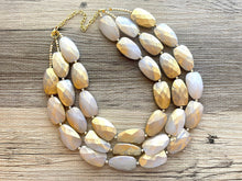 Load image into Gallery viewer, Gold & White triple chunky statement necklace, big beaded jewelry, gifts for women bib jewelry Multi-Strand metallic resin gold painted