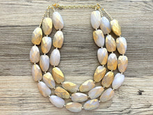 Load image into Gallery viewer, Gold & White triple chunky statement necklace, big beaded jewelry, gifts for women bib jewelry Multi-Strand metallic resin gold painted