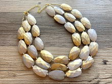 Load image into Gallery viewer, Gold & White triple chunky statement necklace, big beaded jewelry, gifts for women bib jewelry Multi-Strand metallic resin gold painted