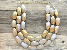 Load image into Gallery viewer, Gold & White triple chunky statement necklace, big beaded jewelry, gifts for women bib jewelry Multi-Strand metallic resin gold painted