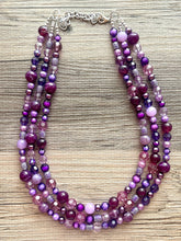 Load image into Gallery viewer, Purple Chunky Statement Necklace, Triple Strand Beaded Jewelry, lilac lavendar eggplant jewelry, bridesmaid wedding necklace bib collar