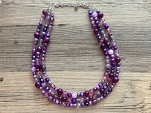 Load image into Gallery viewer, Purple Chunky Statement Necklace, Triple Strand Beaded Jewelry, lilac lavendar eggplant jewelry, bridesmaid wedding necklace bib collar