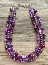 Load image into Gallery viewer, Purple Chunky Statement Necklace, Triple Strand Beaded Jewelry, lilac lavendar eggplant jewelry, bridesmaid wedding necklace bib collar
