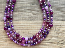 Load image into Gallery viewer, Purple Chunky Statement Necklace, Triple Strand Beaded Jewelry, lilac lavendar eggplant jewelry, bridesmaid wedding necklace bib collar