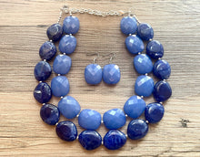 Load image into Gallery viewer, Royal Blue Double Strand Statement Necklace, Chunky Royal Blue Oval Beaded Bib Jewelry, blue jewelry, dark blue jewlery necklace earrings