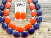 Load image into Gallery viewer, Blue & Orange Necklace, multi strand jewelry, big beaded chunky statement necklace, blue necklace, bridesmaid necklace, bib necklace, orange