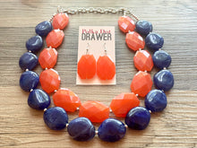 Load image into Gallery viewer, Blue & Orange Necklace, multi strand jewelry, big beaded chunky statement necklace, blue necklace, bridesmaid necklace, bib necklace, orange