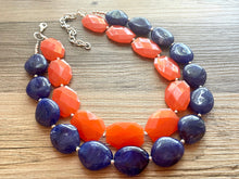 Load image into Gallery viewer, Blue & Orange Necklace, multi strand jewelry, big beaded chunky statement necklace, blue necklace, bridesmaid necklace, bib necklace, orange