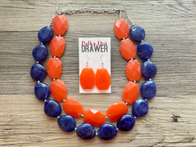 Load image into Gallery viewer, Blue & Orange Necklace, multi strand jewelry, big beaded chunky statement necklace, blue necklace, bridesmaid necklace, bib necklace, orange