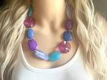 Load image into Gallery viewer, Mermaid chunky necklace, turquoise blue beaded jewelry, resin beaded periwinkle necklace, pink beaded necklace, royal purple lavender