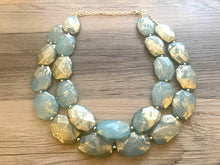 Load image into Gallery viewer, Golden Aqua Necklace, Double strand bright jewelry, big beaded chunky statement, summer necklace, light turquoise blue gold