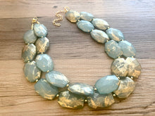 Load image into Gallery viewer, Golden Aqua Necklace, Double strand bright jewelry, big beaded chunky statement, summer necklace, light turquoise blue gold