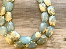 Load image into Gallery viewer, Golden Aqua Necklace, Double strand bright jewelry, big beaded chunky statement, summer necklace, light turquoise blue gold