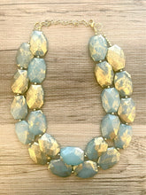 Load image into Gallery viewer, Golden Aqua Necklace, Double strand bright jewelry, big beaded chunky statement, summer necklace, light turquoise blue gold
