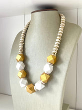 Load image into Gallery viewer, Gold & White Chunky Long Statement Necklace, long gold necklace, beaded long necklace, white wood beaded statement jewelry