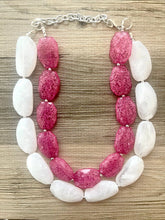 Load image into Gallery viewer, Pink & White Necklace, multi strand jewelry, big beaded chunky statement necklace, pink necklace, bridesmaid necklace, bib necklace, pink