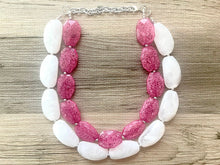 Load image into Gallery viewer, Pink & White Necklace, multi strand jewelry, big beaded chunky statement necklace, pink necklace, bridesmaid necklace, bib necklace, pink