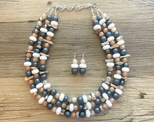 Load image into Gallery viewer, Zanzibar Coast triple strand statement necklace, jewelry set silver navy blue gray tan champagne white beaded jewelry, chunky bib statement
