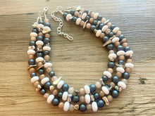 Load image into Gallery viewer, Zanzibar Coast triple strand statement necklace, jewelry set silver navy blue gray tan champagne white beaded jewelry, chunky bib statement