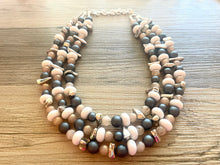 Load image into Gallery viewer, Zanzibar Coast triple strand statement necklace, jewelry set silver navy blue gray tan champagne white beaded jewelry, chunky bib statement